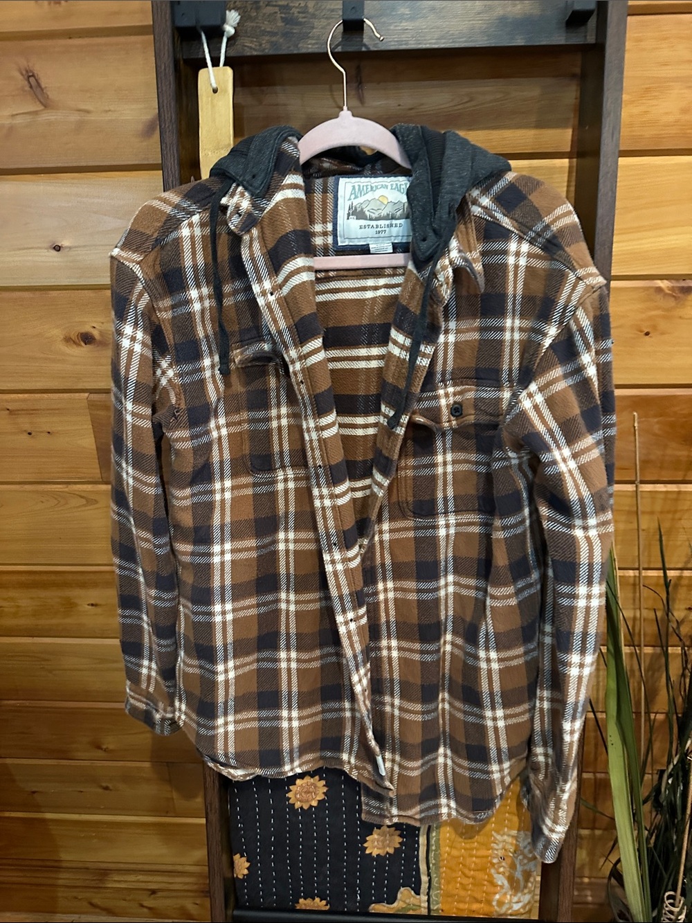 American Eagle Brown Plaid Hooded Flannel shacket